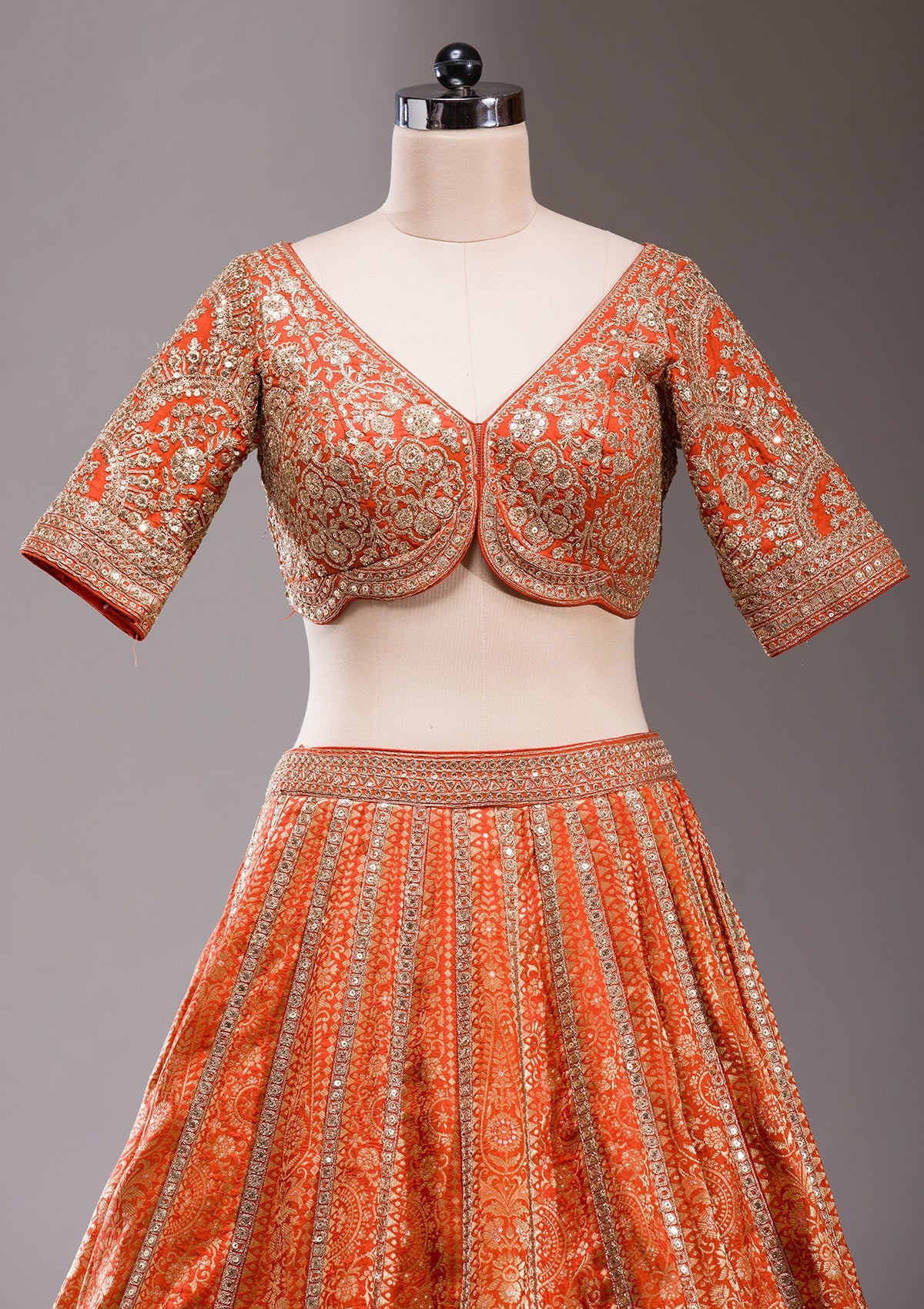 Orange Cording Banarasi Readymade Lehenga-koskii
