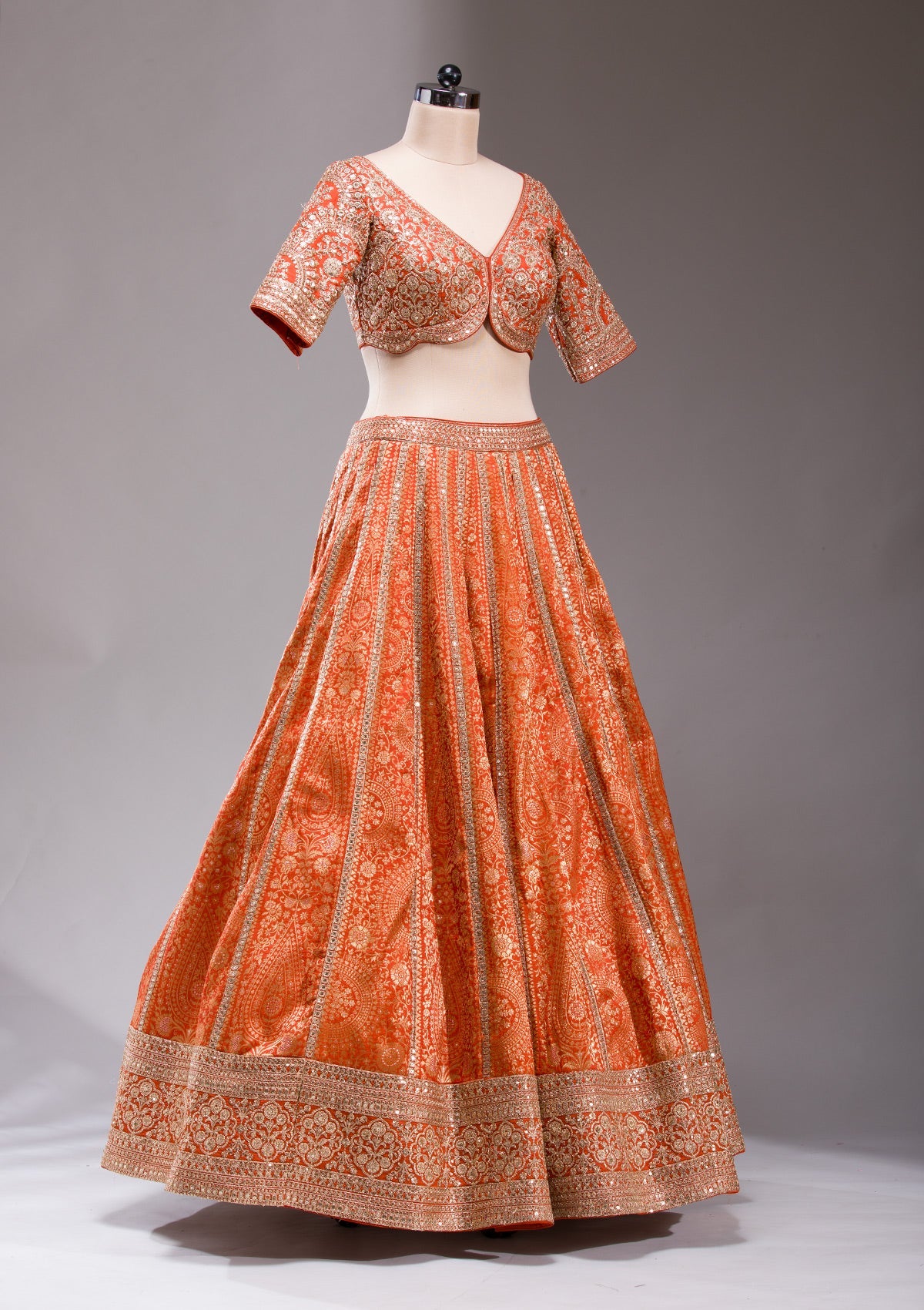 Orange Cording Banarasi Readymade Lehenga-koskii