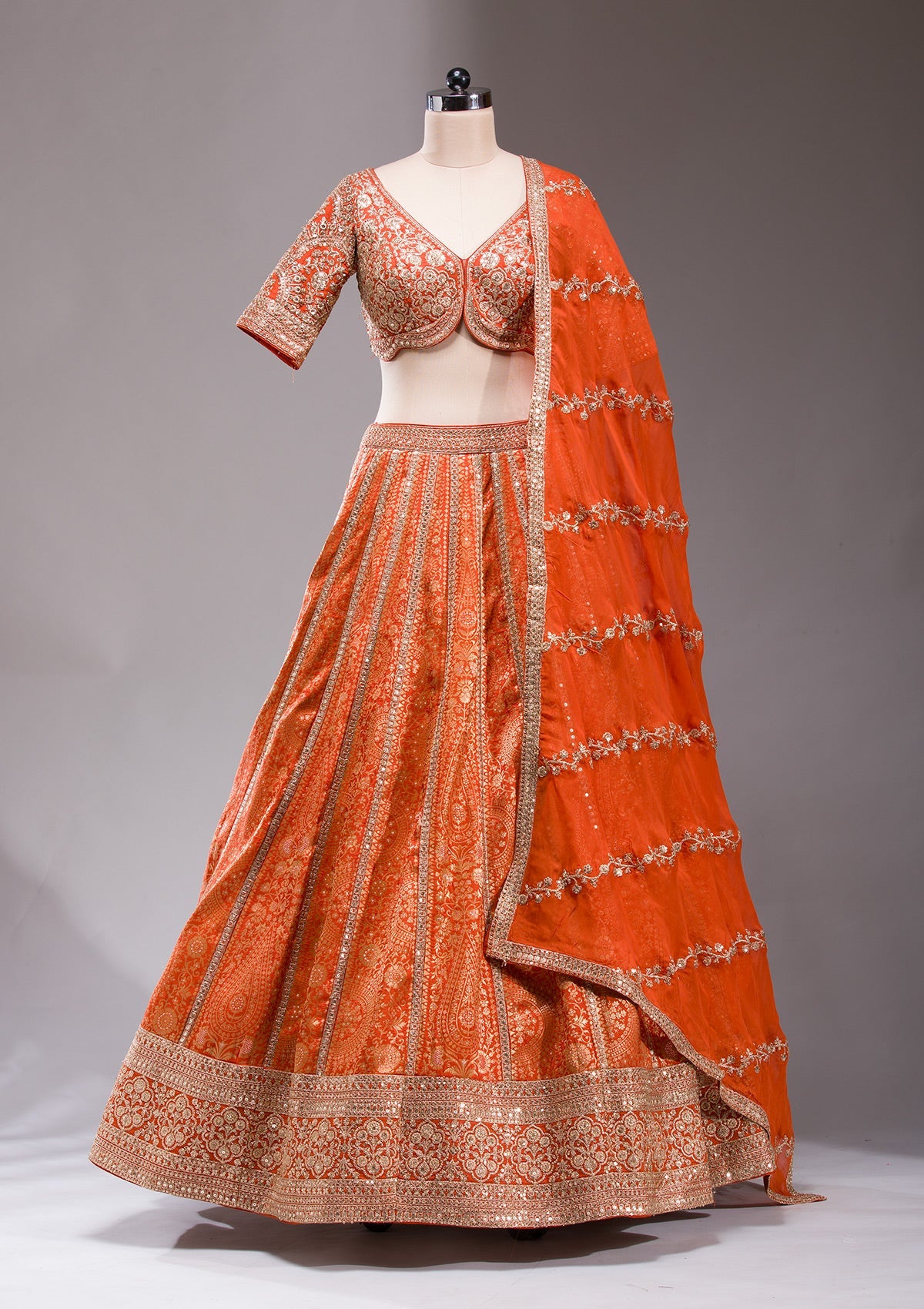 Orange Cording Banarasi Readymade Lehenga-koskii