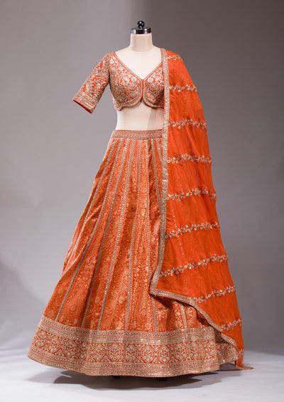 Orange Cording Banarasi Readymade Lehenga-koskii