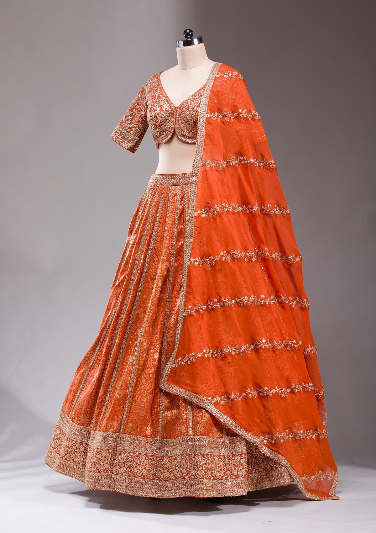 Orange Cording Banarasi Readymade Lehenga-koskii