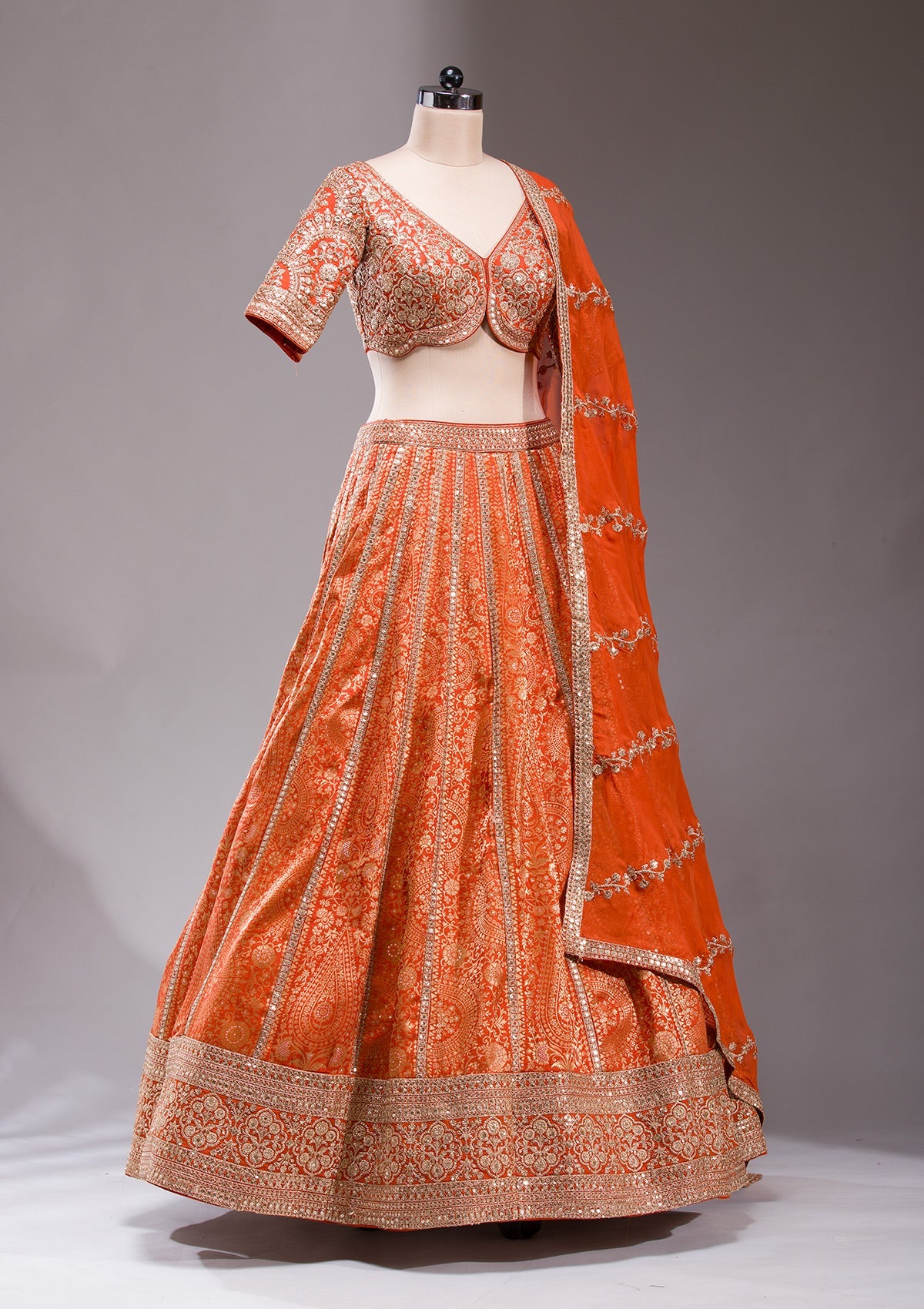 Orange Cording Banarasi Readymade Lehenga-koskii