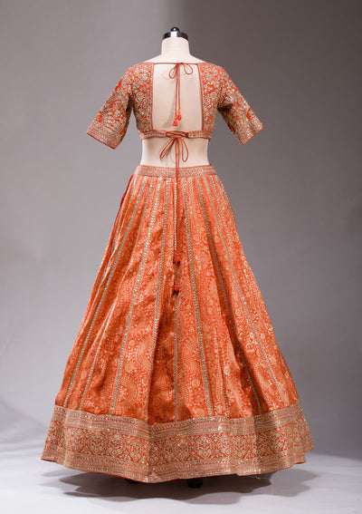 Orange Cording Banarasi Readymade Lehenga-koskii