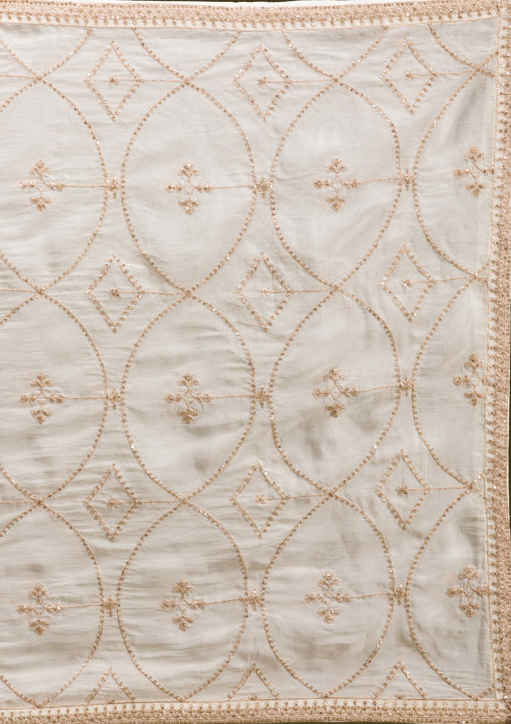 Off White Cording Banarasi Readymade Lehenga-koskii