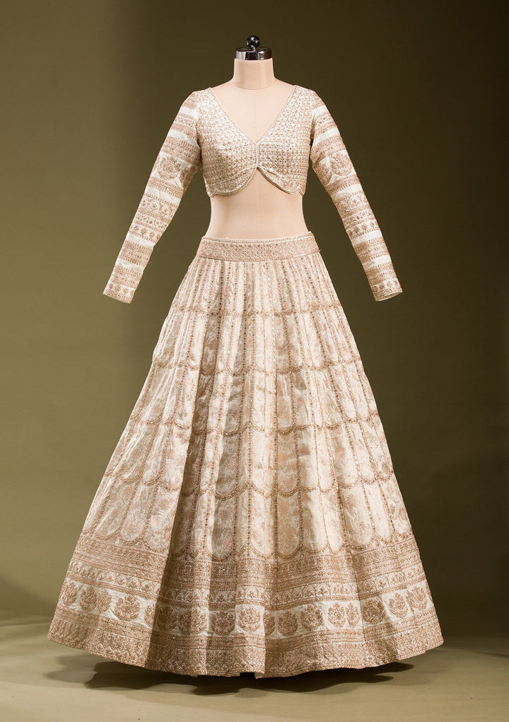 Off White Cording Banarasi Readymade Lehenga-koskii