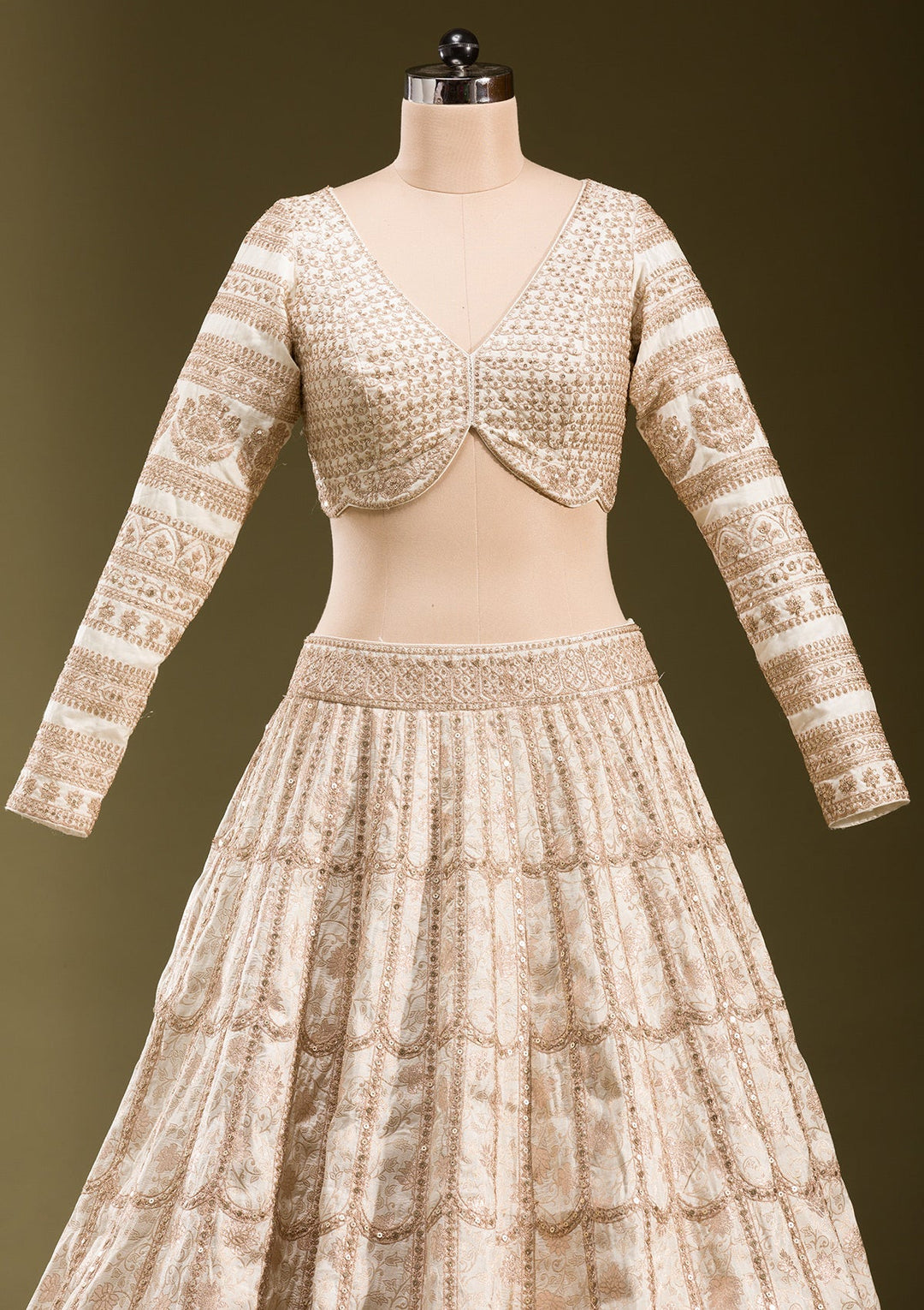 Off White Cording Banarasi Readymade Lehenga-koskii