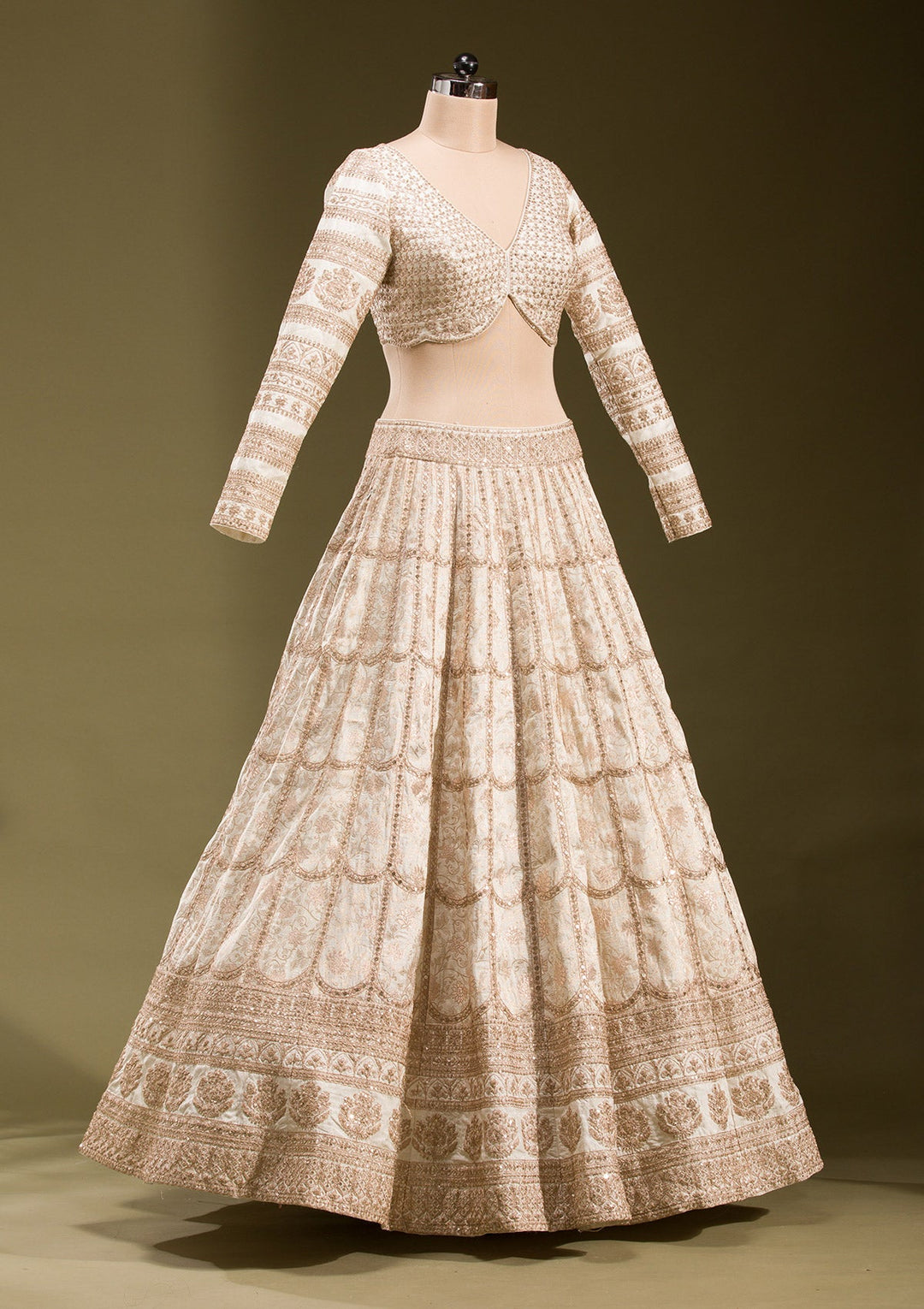 Off White Cording Banarasi Readymade Lehenga-koskii