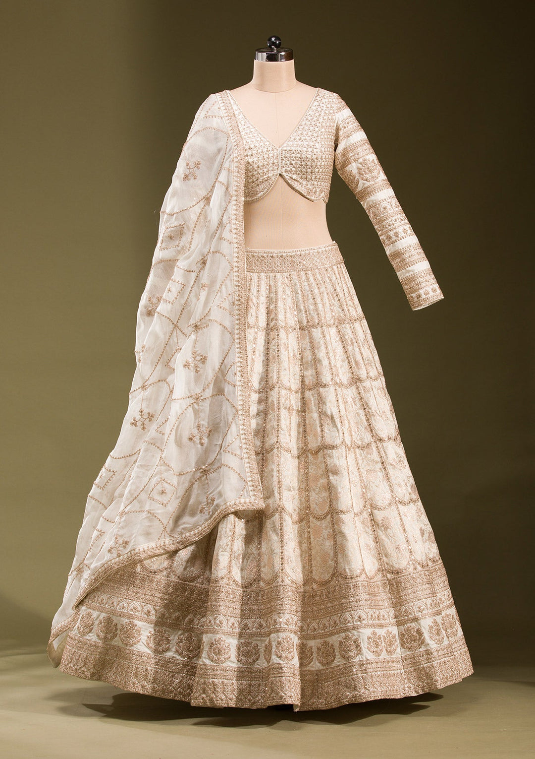 Off White Cording Banarasi Readymade Lehenga-koskii