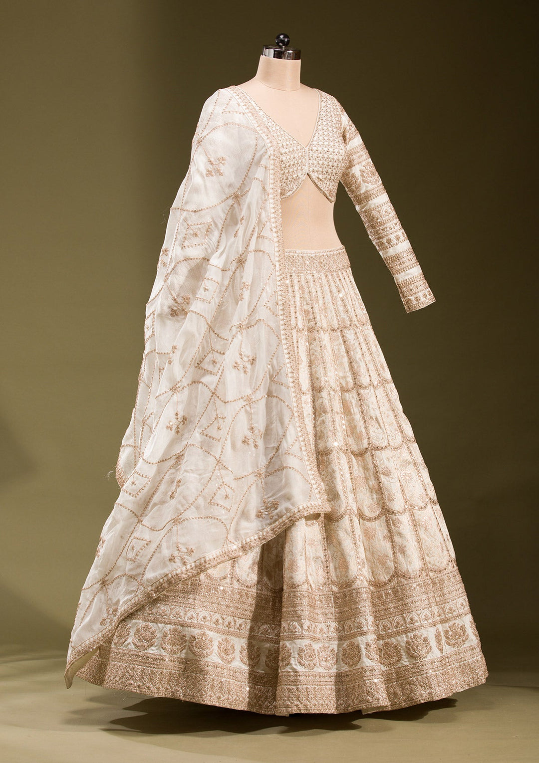 Off White Cording Banarasi Readymade Lehenga-koskii