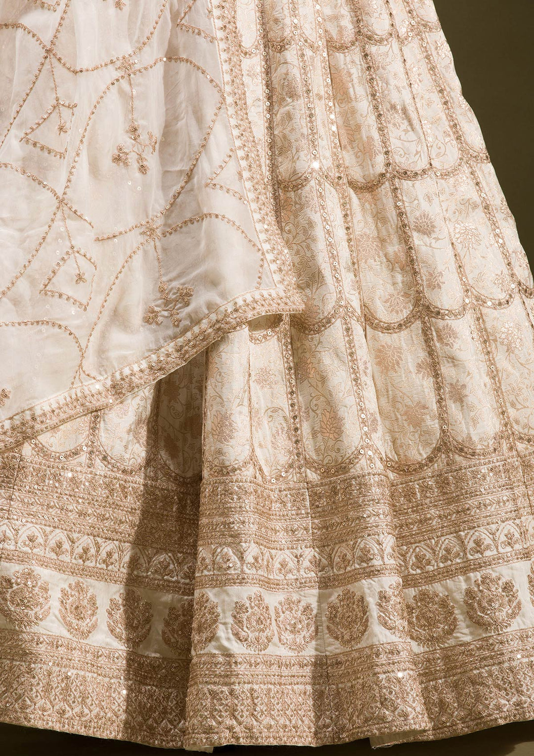 Off White Cording Banarasi Readymade Lehenga-koskii