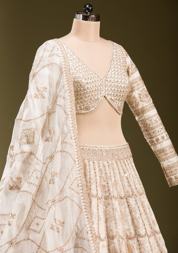 Off White Cording Banarasi Readymade Lehenga-koskii