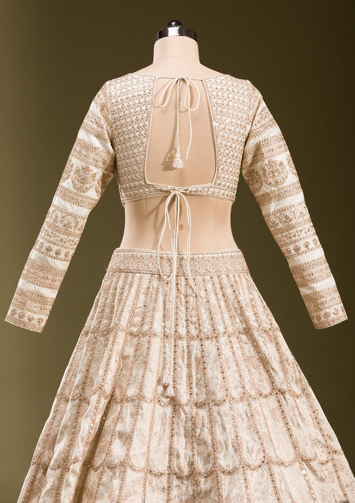 Off White Cording Banarasi Readymade Lehenga-koskii