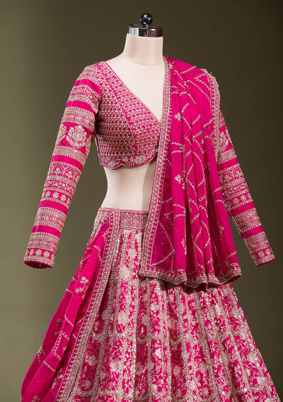 Rani Pink Cording Banarasi Readymade Lehenga-koskii