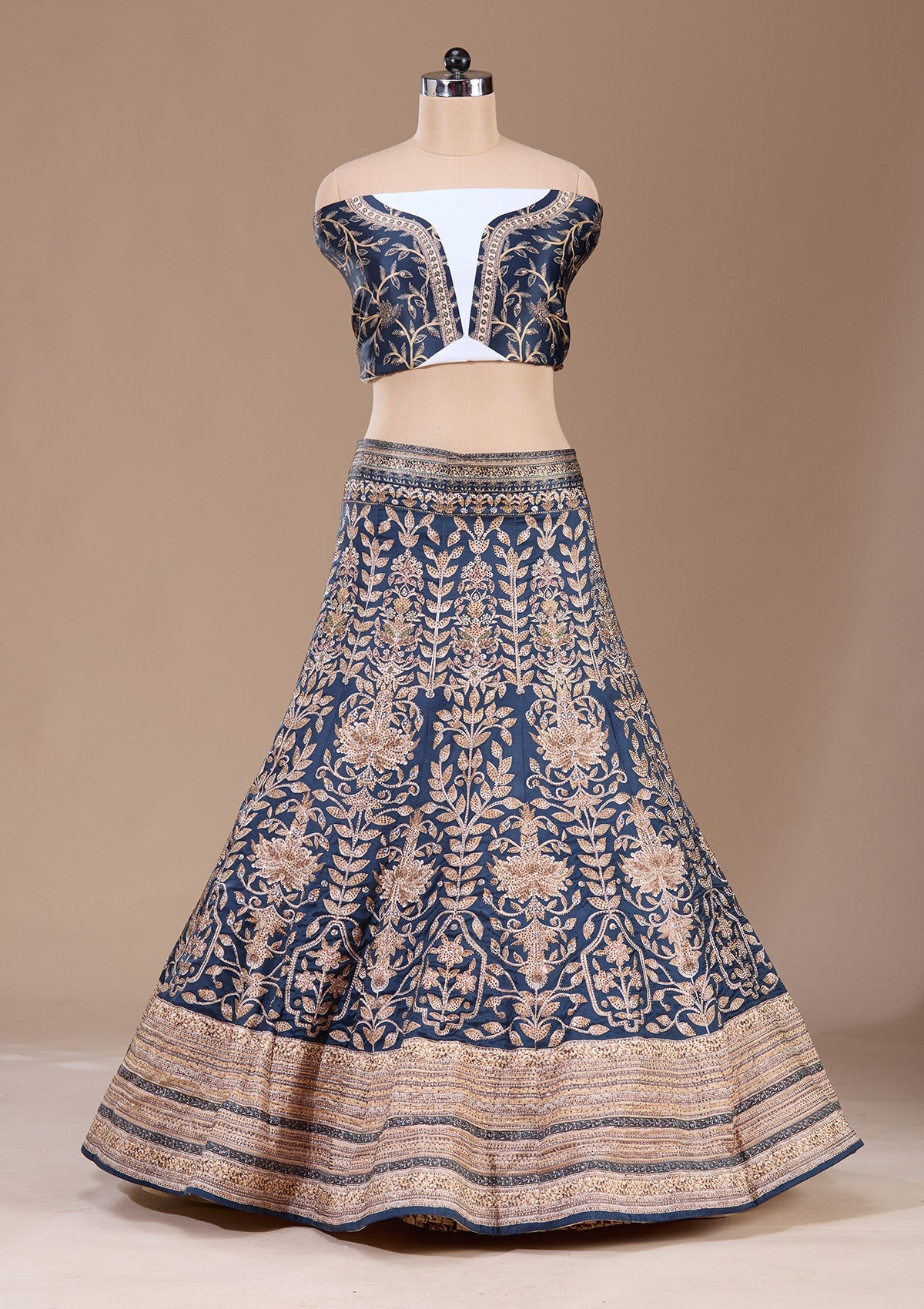 Navy Blue Swarovski Raw Silk Readymade Lehenga-Koskii