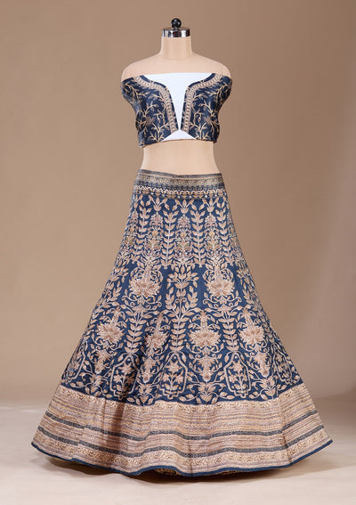 Navy Blue Swarovski Raw Silk Readymade Lehenga-Koskii