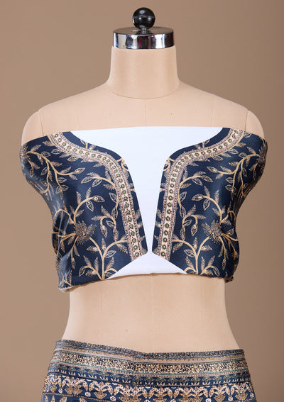 Navy Blue Swarovski Raw Silk Readymade Lehenga-Koskii