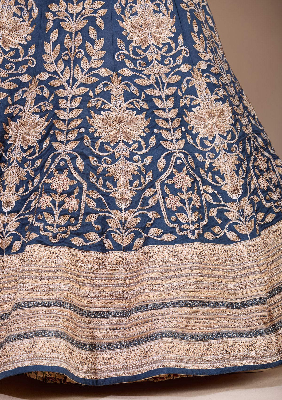 Navy Blue Swarovski Raw Silk Readymade Lehenga-Koskii