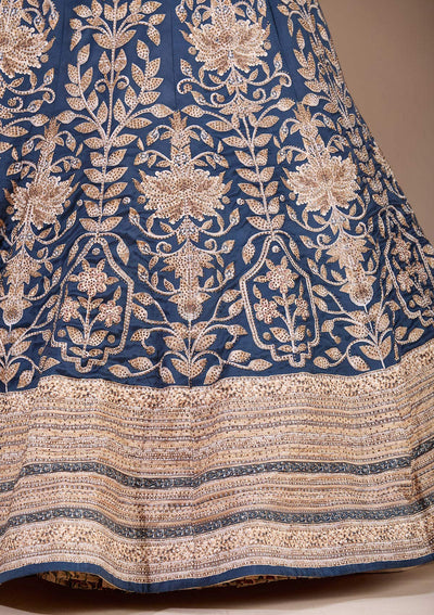 Navy Blue Swarovski Raw Silk Readymade Lehenga-Koskii