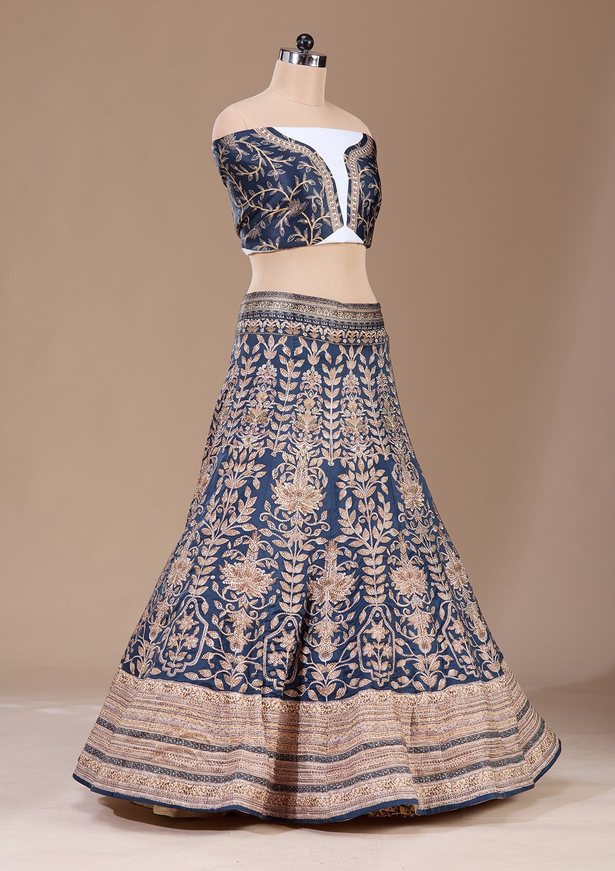 Navy Blue Swarovski Raw Silk Readymade Lehenga-Koskii