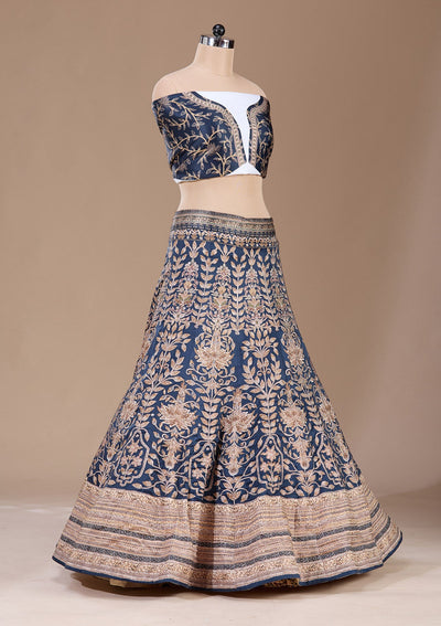 Navy Blue Swarovski Raw Silk Readymade Lehenga-Koskii