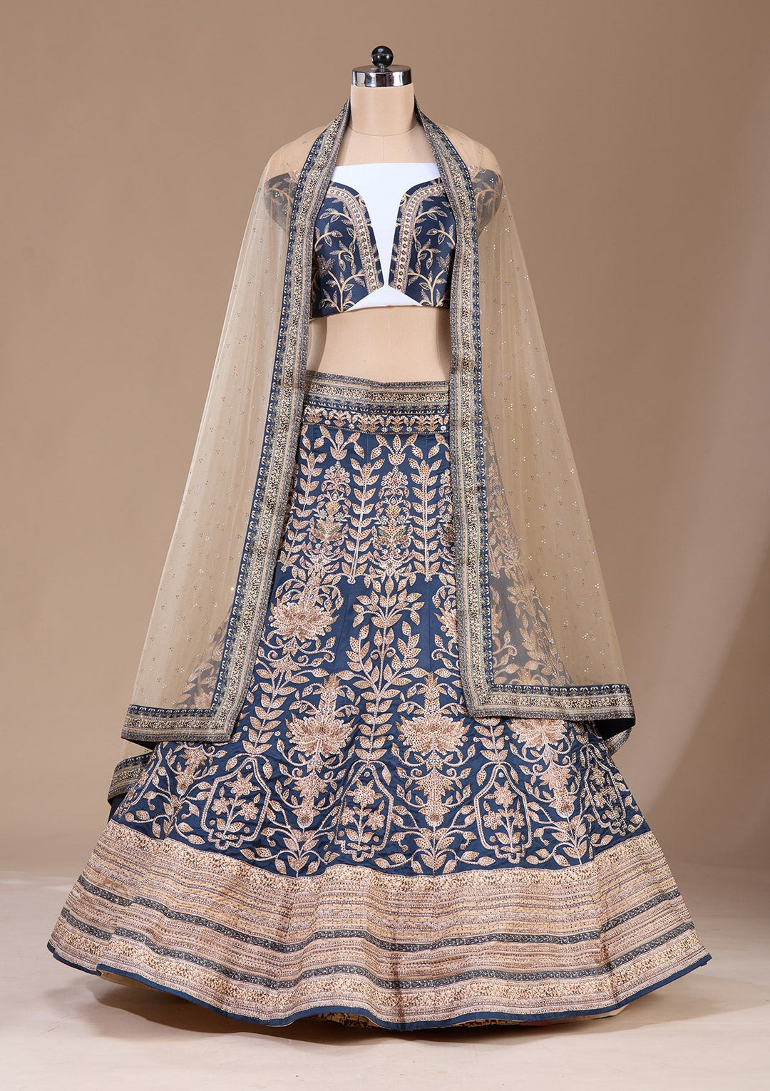 Navy Blue Swarovski Raw Silk Readymade Lehenga-Koskii