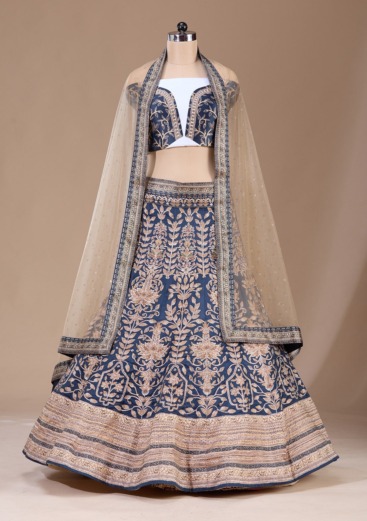 Navy Blue Swarovski Raw Silk Readymade Lehenga-Koskii