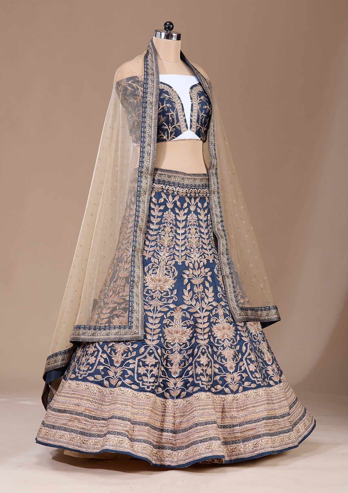 Navy Blue Swarovski Raw Silk Readymade Lehenga-Koskii