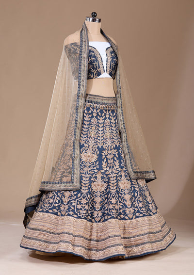 Navy Blue Swarovski Raw Silk Readymade Lehenga-Koskii