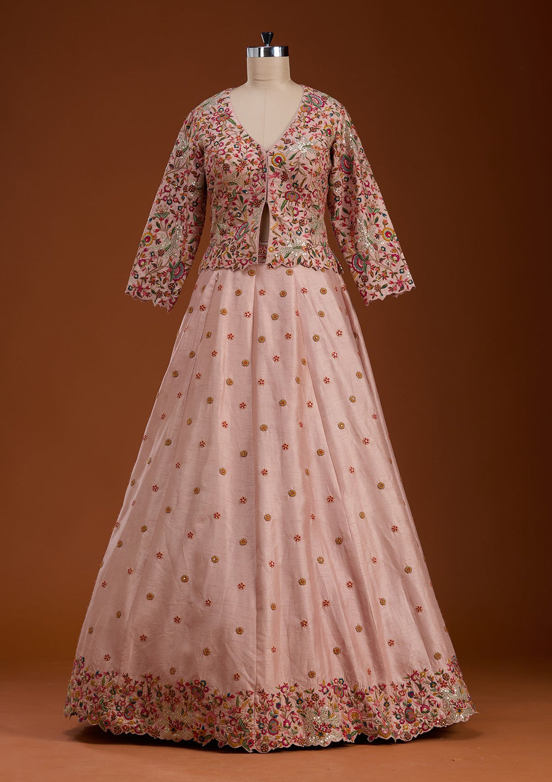 Baby Pink Sequins Raw Silk Readymade Lehenga-koskii