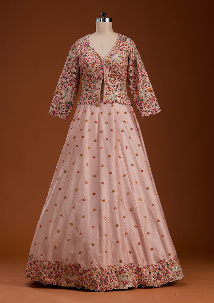 Baby Pink Sequins Raw Silk Readymade Lehenga-koskii