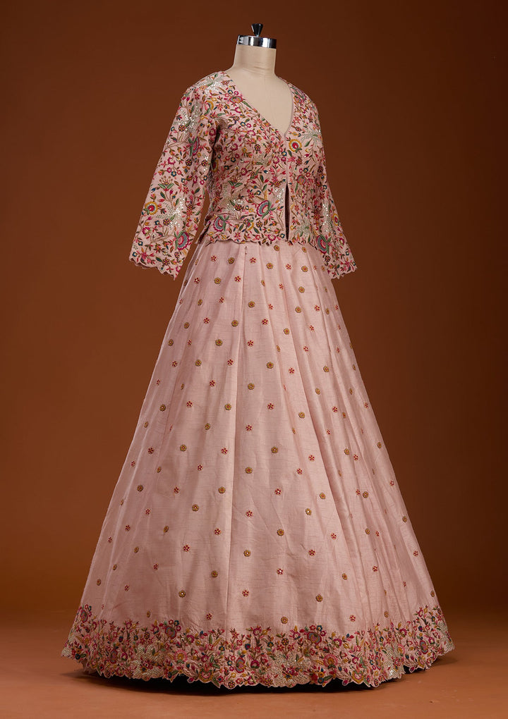 Baby Pink Sequins Raw Silk Readymade Lehenga-koskii