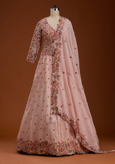 Baby Pink Sequins Raw Silk Readymade Lehenga-koskii