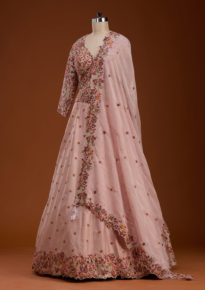 Baby Pink Sequins Raw Silk Readymade Lehenga-koskii