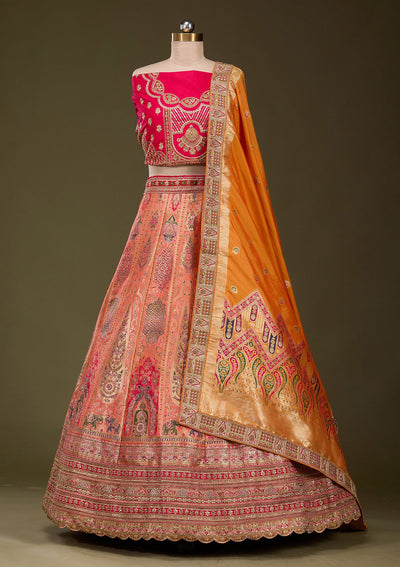 Light Orange Zariwork Banarasi Semi-Stitched Lehenga_Koskii