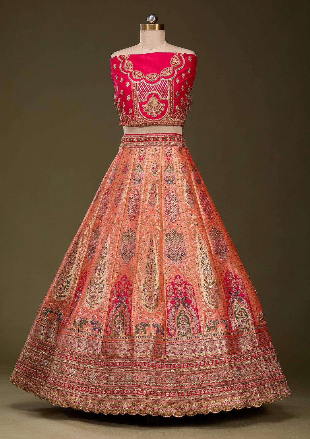 Light Orange Zariwork Banarasi Semi-Stitched Lehenga_Koskii