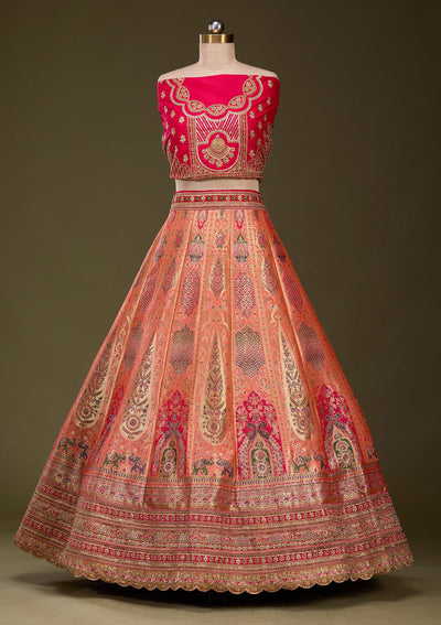 Light Orange Zariwork Banarasi Semi-Stitched Lehenga_Koskii