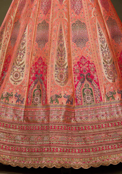 Light Orange Zariwork Banarasi Semi-Stitched Lehenga_Koskii
