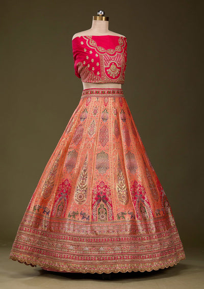 Light Orange Zariwork Banarasi Semi-Stitched Lehenga_Koskii