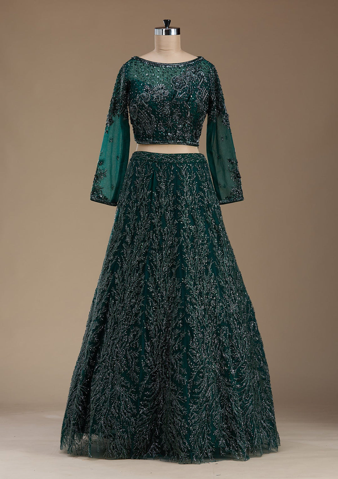 Bottle Green Stonework Net Readymade Lehenga-koskii