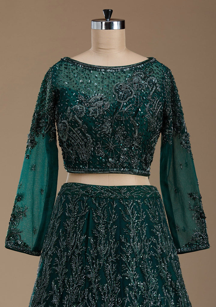 Bottle Green Stonework Net Readymade Lehenga-koskii