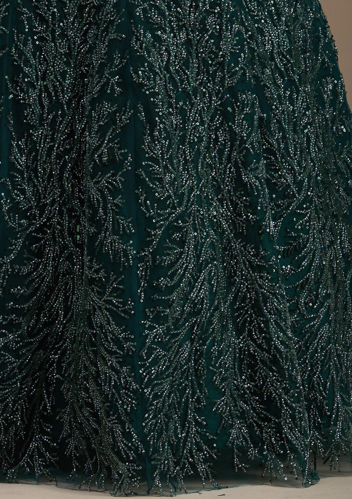 Bottle Green Stonework Net Readymade Lehenga-koskii