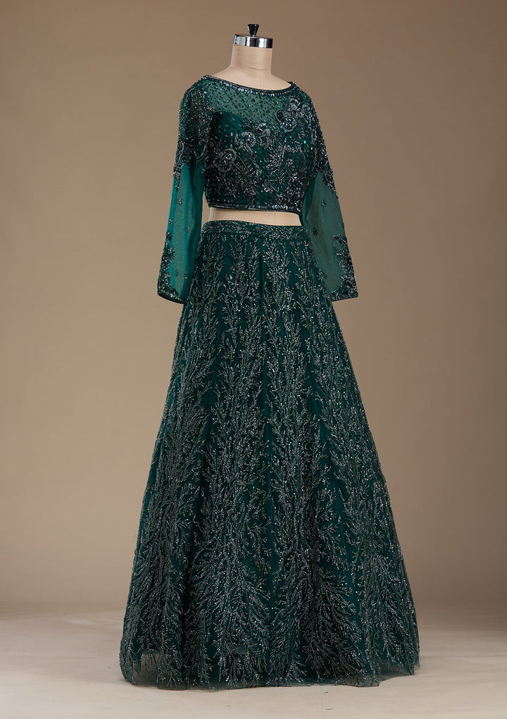 Bottle Green Stonework Net Readymade Lehenga-koskii