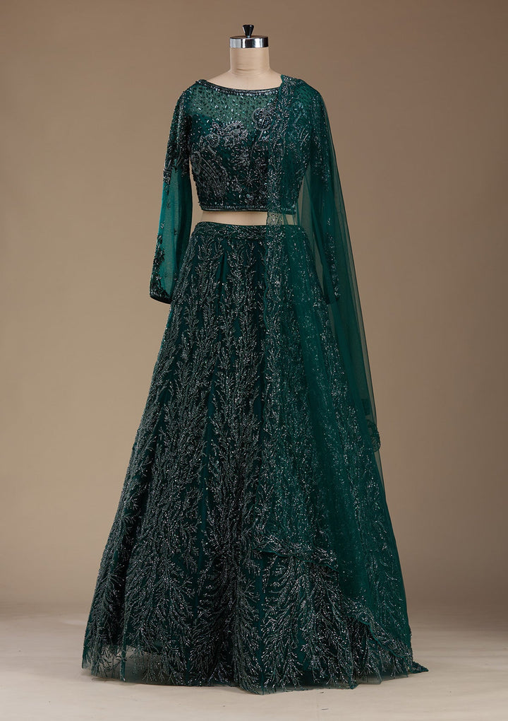 Bottle Green Stonework Net Readymade Lehenga-koskii