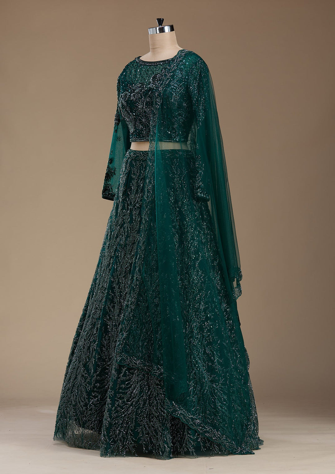 Bottle Green Stonework Net Readymade Lehenga-koskii