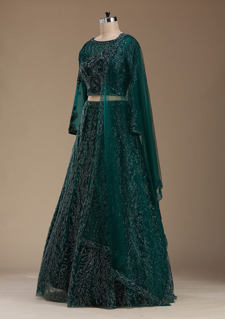 Bottle Green Stonework Net Readymade Lehenga-koskii