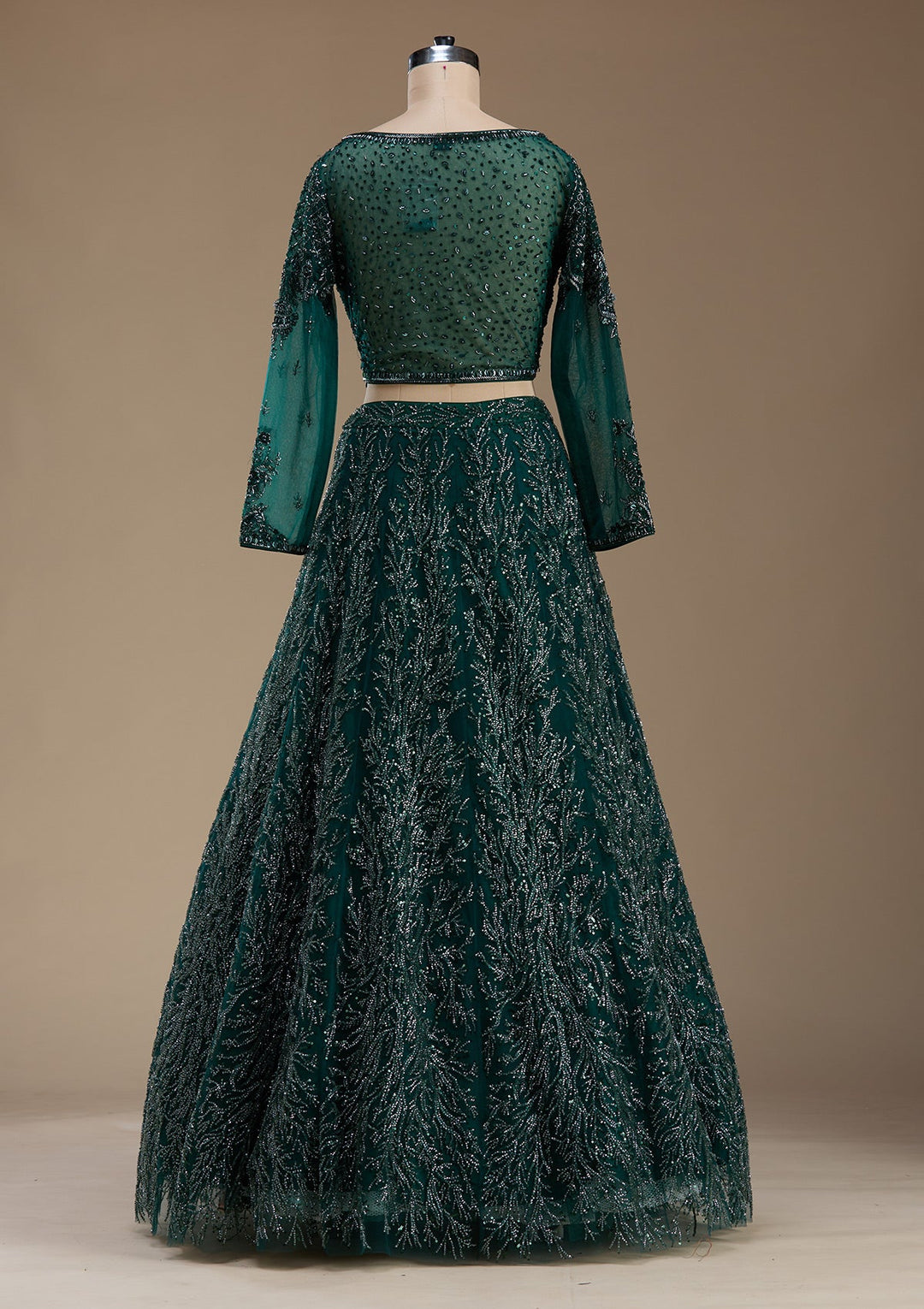 Bottle Green Stonework Net Readymade Lehenga-koskii