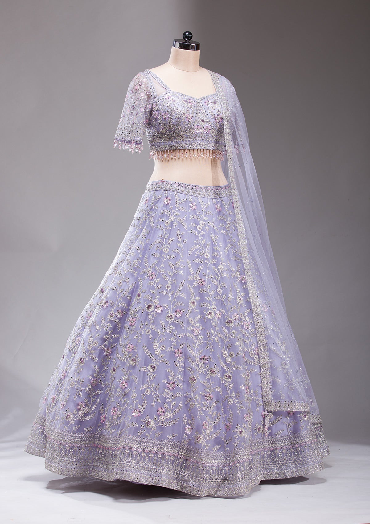 Lavender Stonework Net Readymade Lehenga-koskii