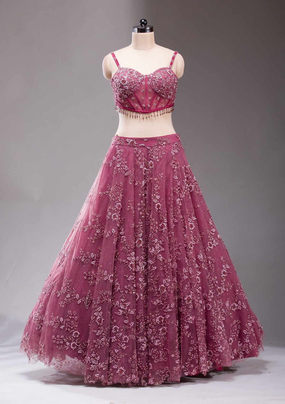 Mauve Pearlwork Net Readymade Lehenga-koskii