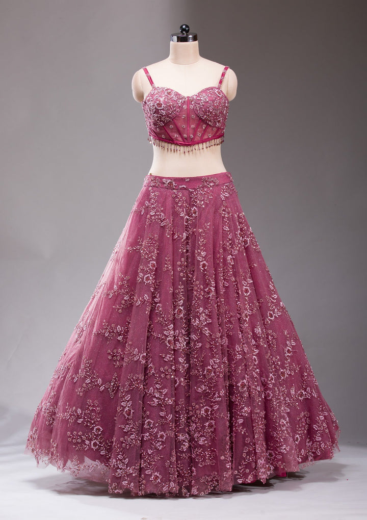 Mauve Pearlwork Net Readymade Lehenga-koskii
