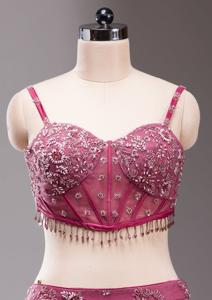 Mauve Pearlwork Net Readymade Lehenga-koskii
